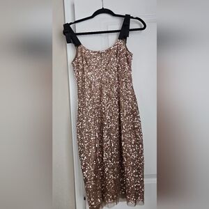 Adrianna Papell Rose Gold Sequin Midi Dress with Black Bow Straps